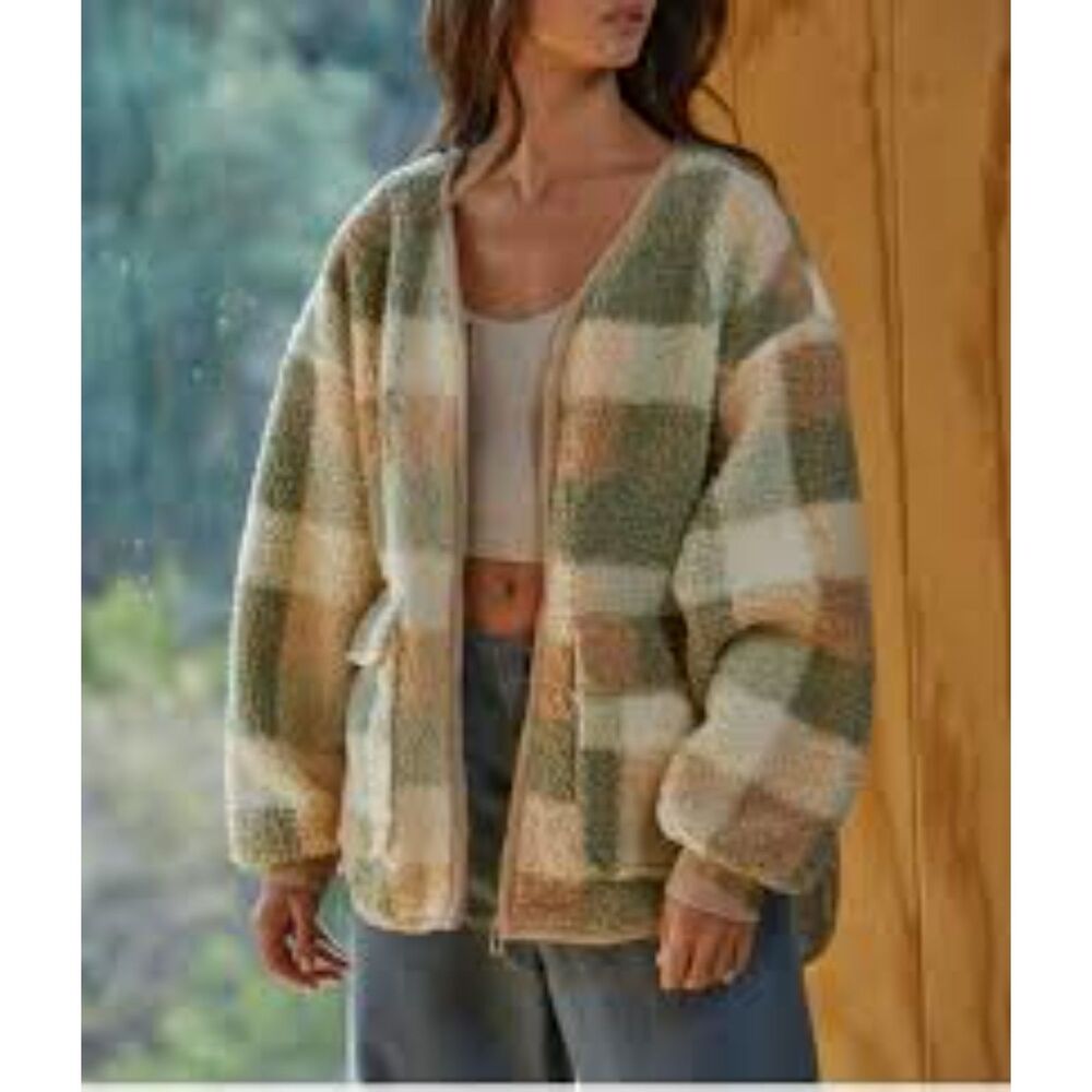 By Together Jane + Willow Plaid Fleece Jacket Shacket Green Taupe Women's Small